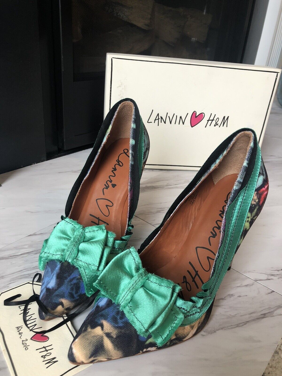 LANVIN⚡️H&M floral satin metallic heel pumps shoes 40 9 green bow