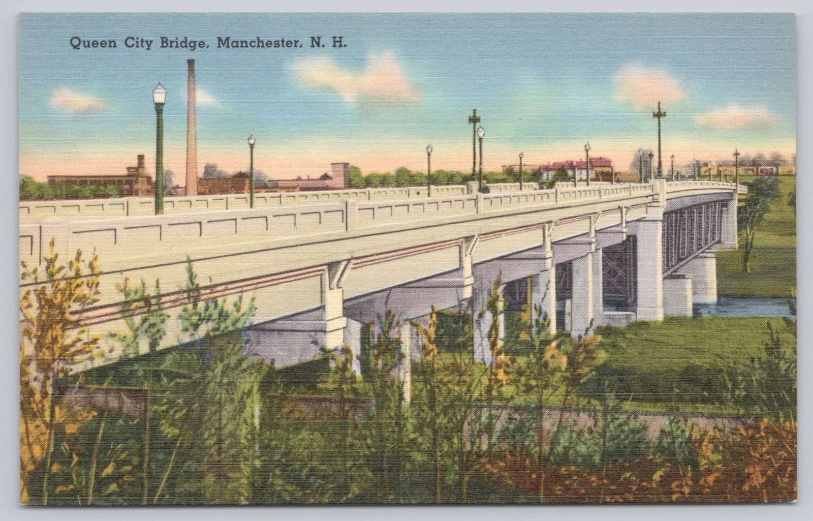 Manchester New Hampshire Queen City Bridge Merrimack River Linen Postcard