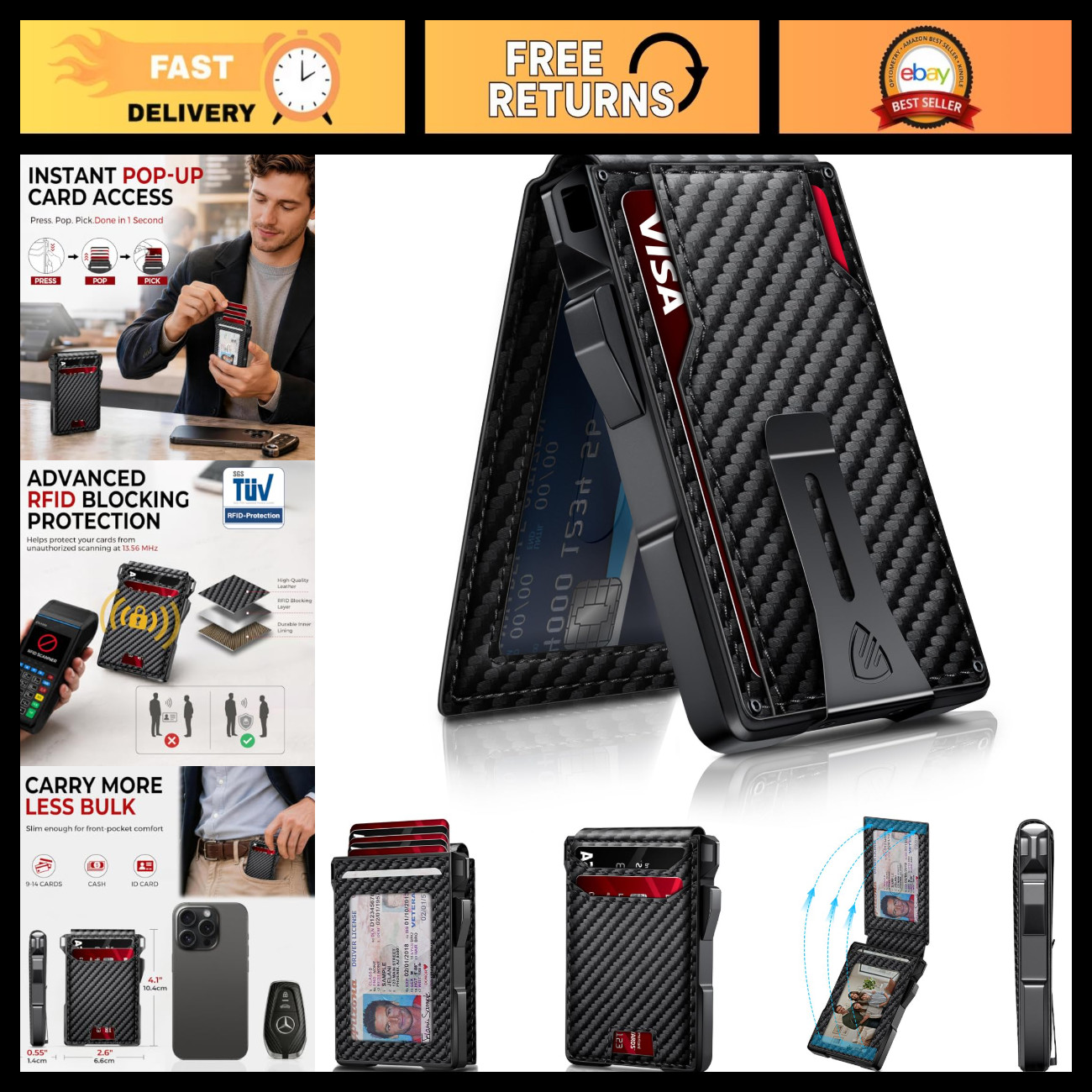 Wallet for Men, Mens Minimalist Wallet 14 Cards, Slim Compact RFID Wallet