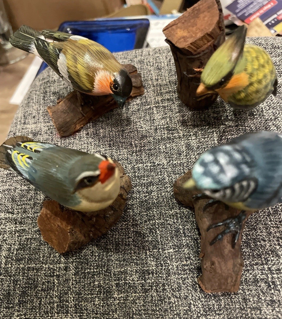 4 Vintage Hand Carved Painted Wooden Bird Figurines On Log Bases -Folk Art Style