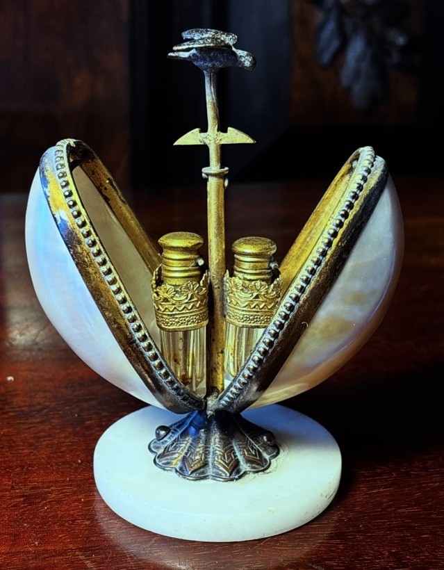 Antique French Scent /Perfume Caddy In A Mother Of Pearl And Gilt Metal Egg Case