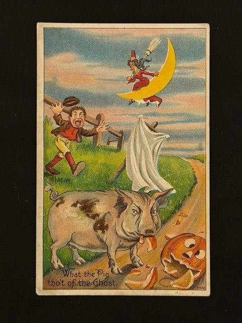 Vintage Halloween Postcard Embossed Pig Ghost Witch Moon German 1900s