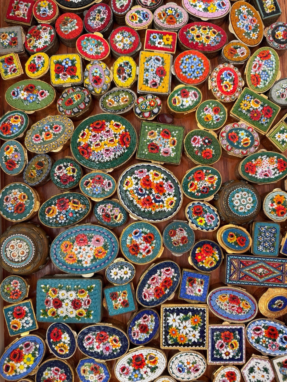 110 Antique & Vintage Italian Micro Mosaic Pill Boxes Lot 1880s–1970s Grand Tour