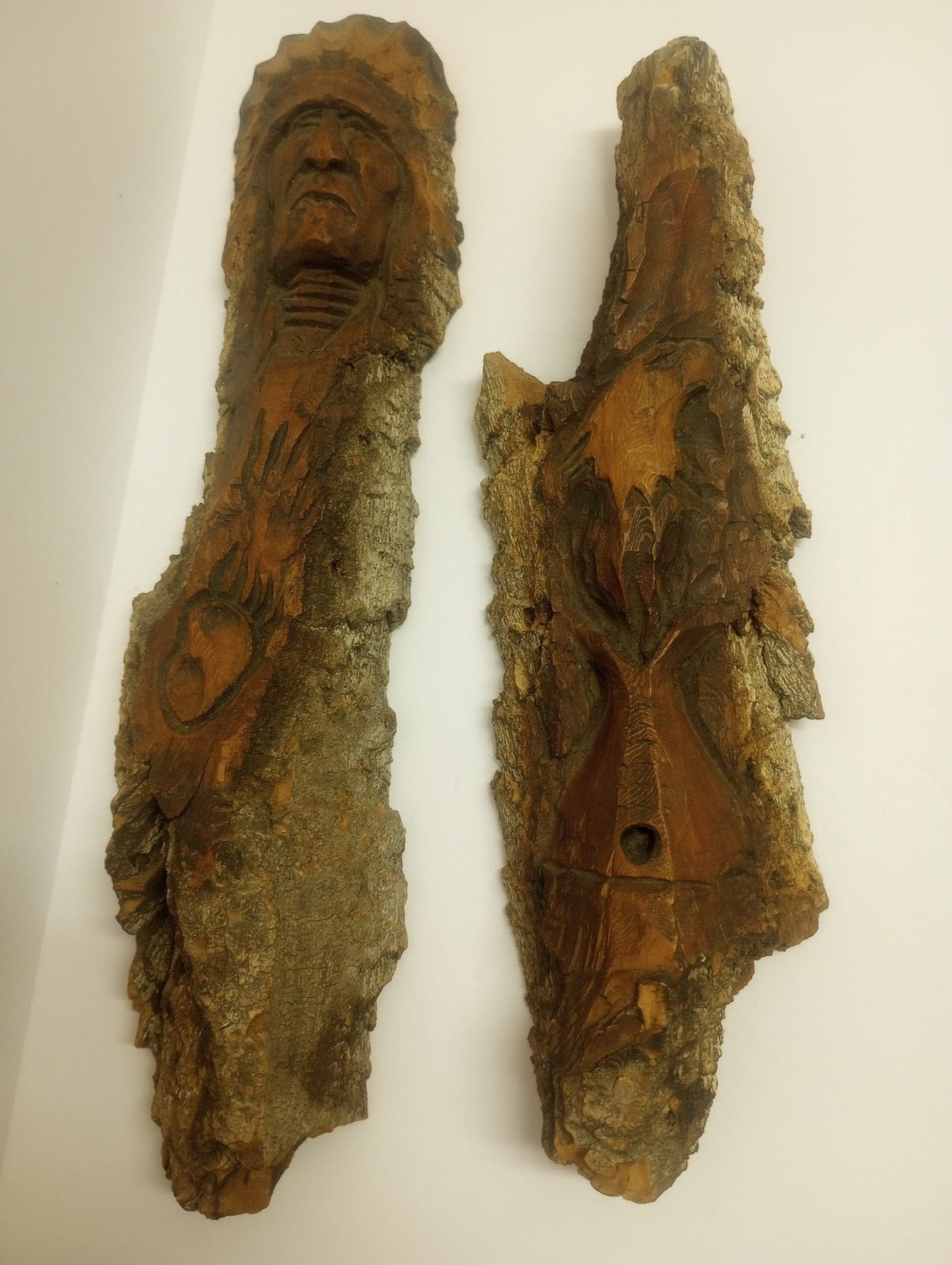 Vintage Native American Bark Carving Robert Russell Paha Sapa Artist signed