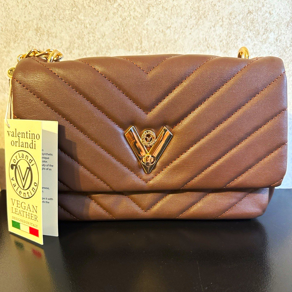 Valentino Orlandi Brown Quilted Chevron Shoulder Bag Gold Chain Strap Small