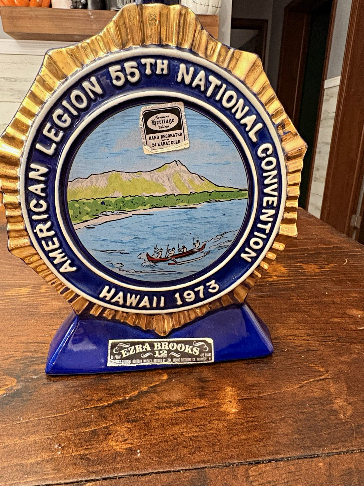 Vintage 1973 Ezra Brooks American Legion Hawaii 55th Convention Decanter 24K Gld