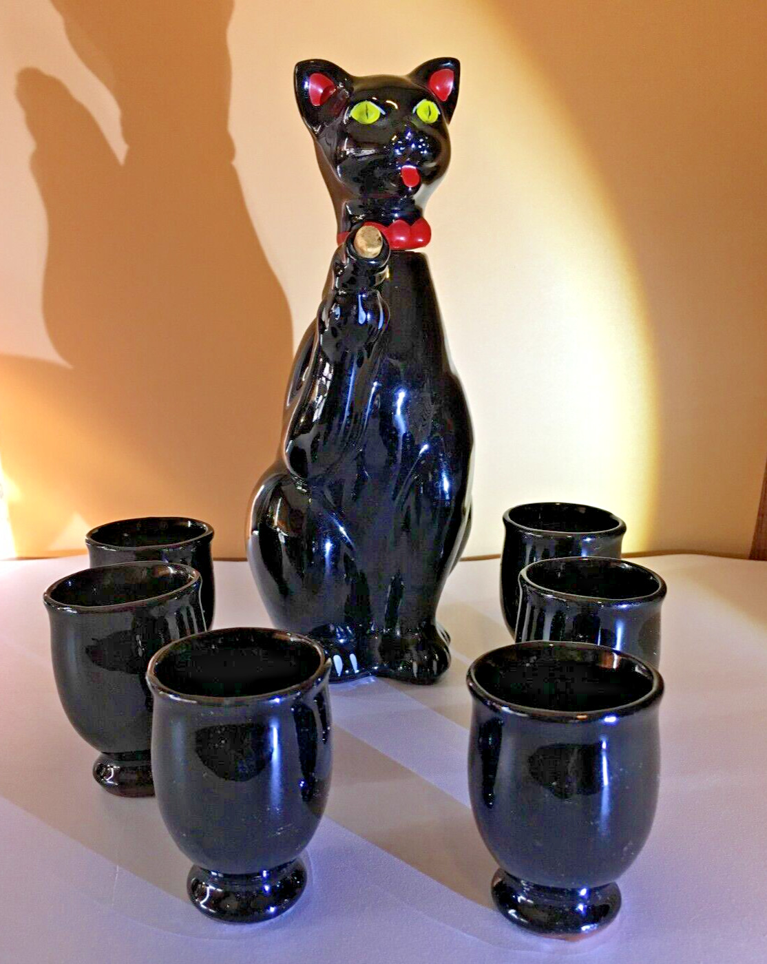 Vintage Shafford Black Cat Redware Decanter Sake Saki Shot Glass Bar Set Japan