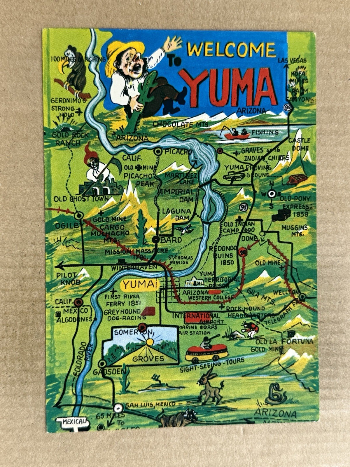 Postcard Yuma AZ Arizona Pictorial Road Map Landmarks Attractions Vintage PC