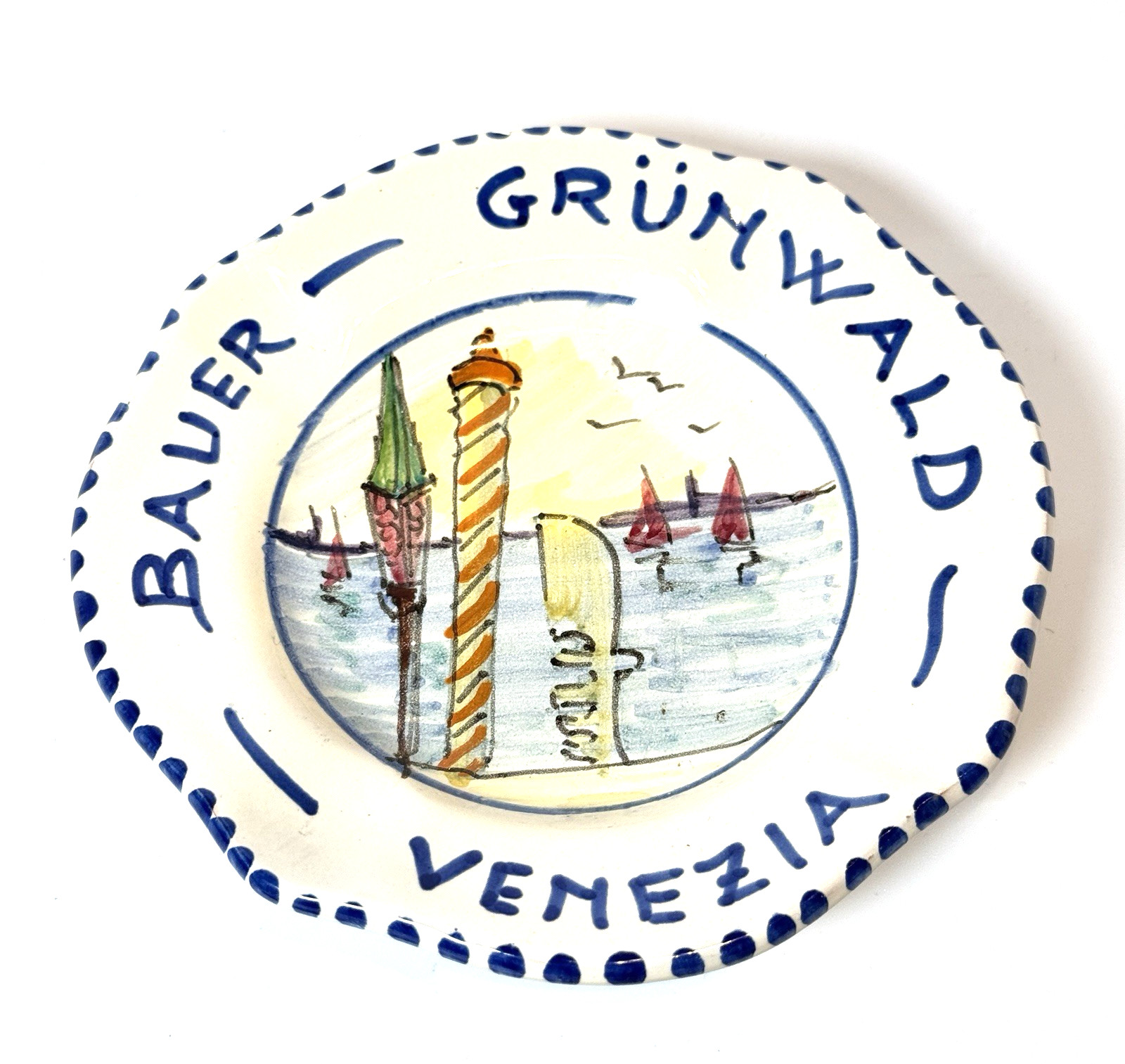 Rare Vtg Bauer Grunwald Ashtray Venice Italy Venezia Rare Hand Painted Ceramic
