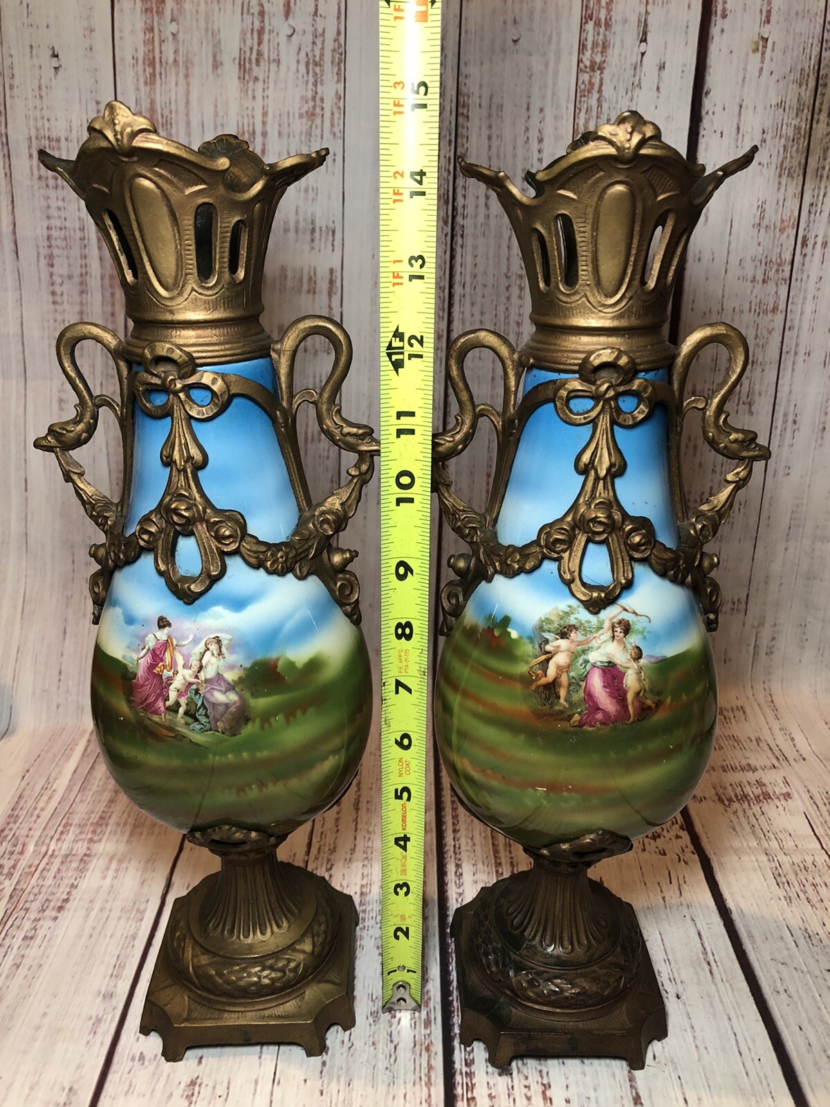 Pair Vintage Italian Porcelain Vases 14.5” Capodimonte Style Cherubs Gilt Metal