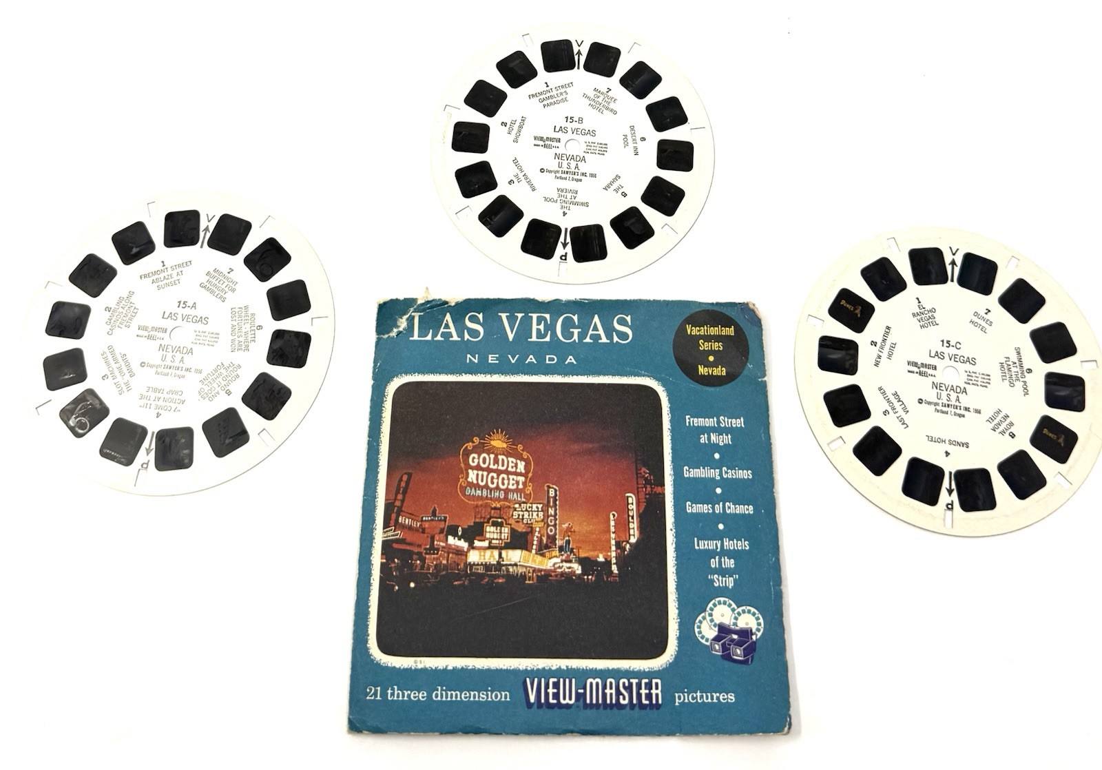 Vintage 1956 View-Master Las Vegas Nevada 15-A 15-B 15-C 3 Reel Set w/ Sleeve
