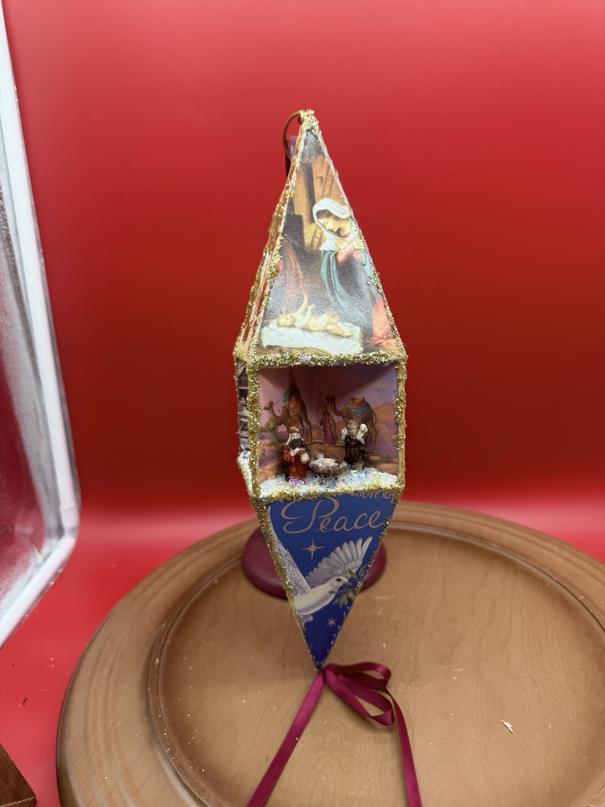 Vintage Handcrafted 4 Sided Diamond Shaped Diorama Christmas Ornament