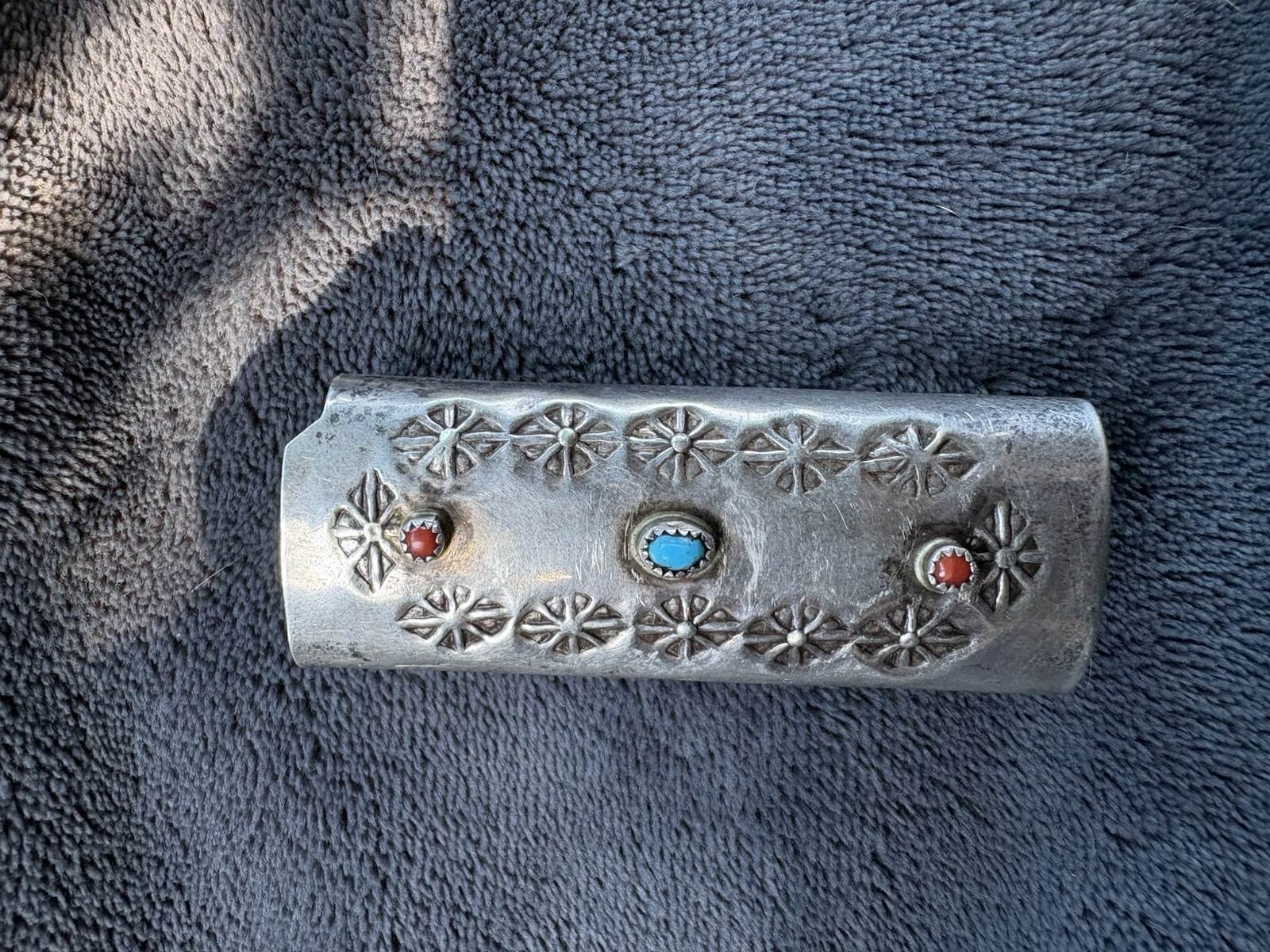 Navajo Silver Lighter Case With Turquoise And Red Corral