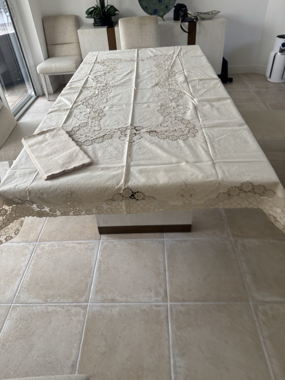 Vintage 64 x100 Light Beige Lace Cutout Cutwork Tablecloth With 12 Napkins New