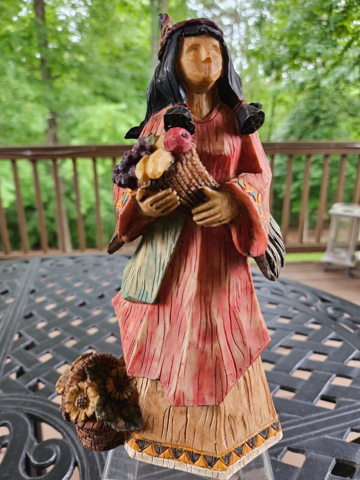 Vintage Native American Indian Statue Women Holding Fruit Filled Cornucopia