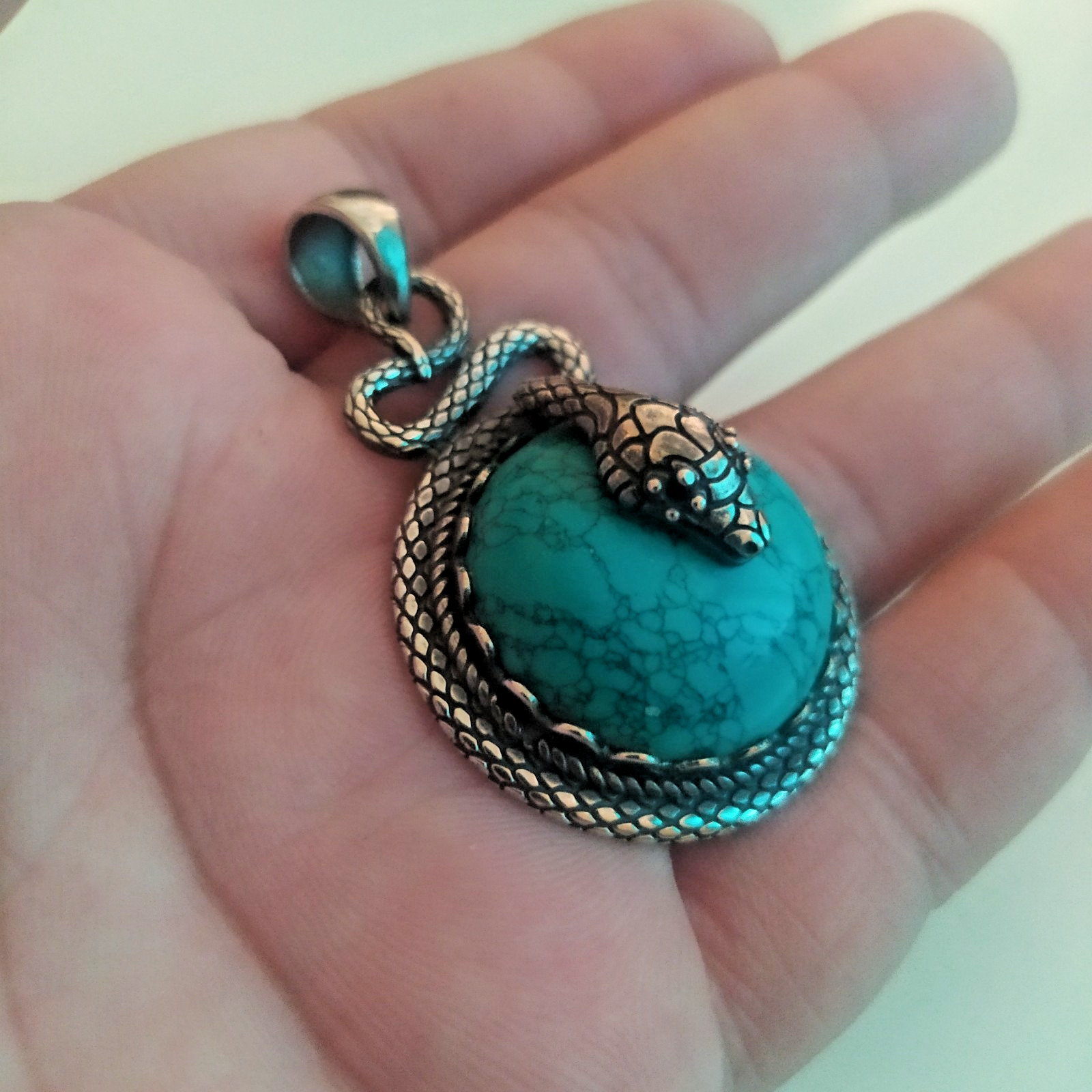 Ancient Vintage Victorian Pendant Sterling Silver Snake Amulet Turquoise Stone
