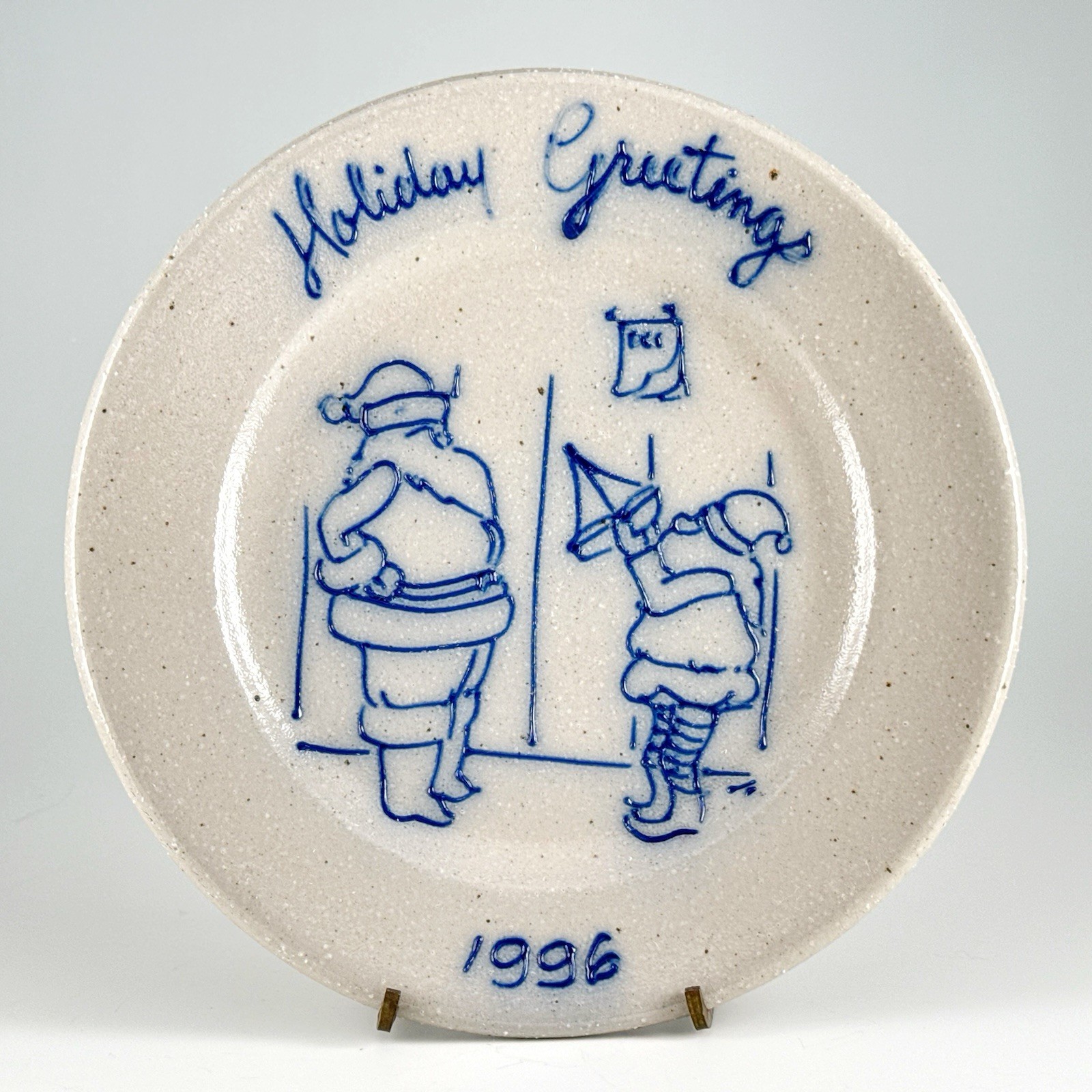 Salmon Falls Stoneware Christmas Plate, Santa & Elf Holiday Greetings Vtg 1996