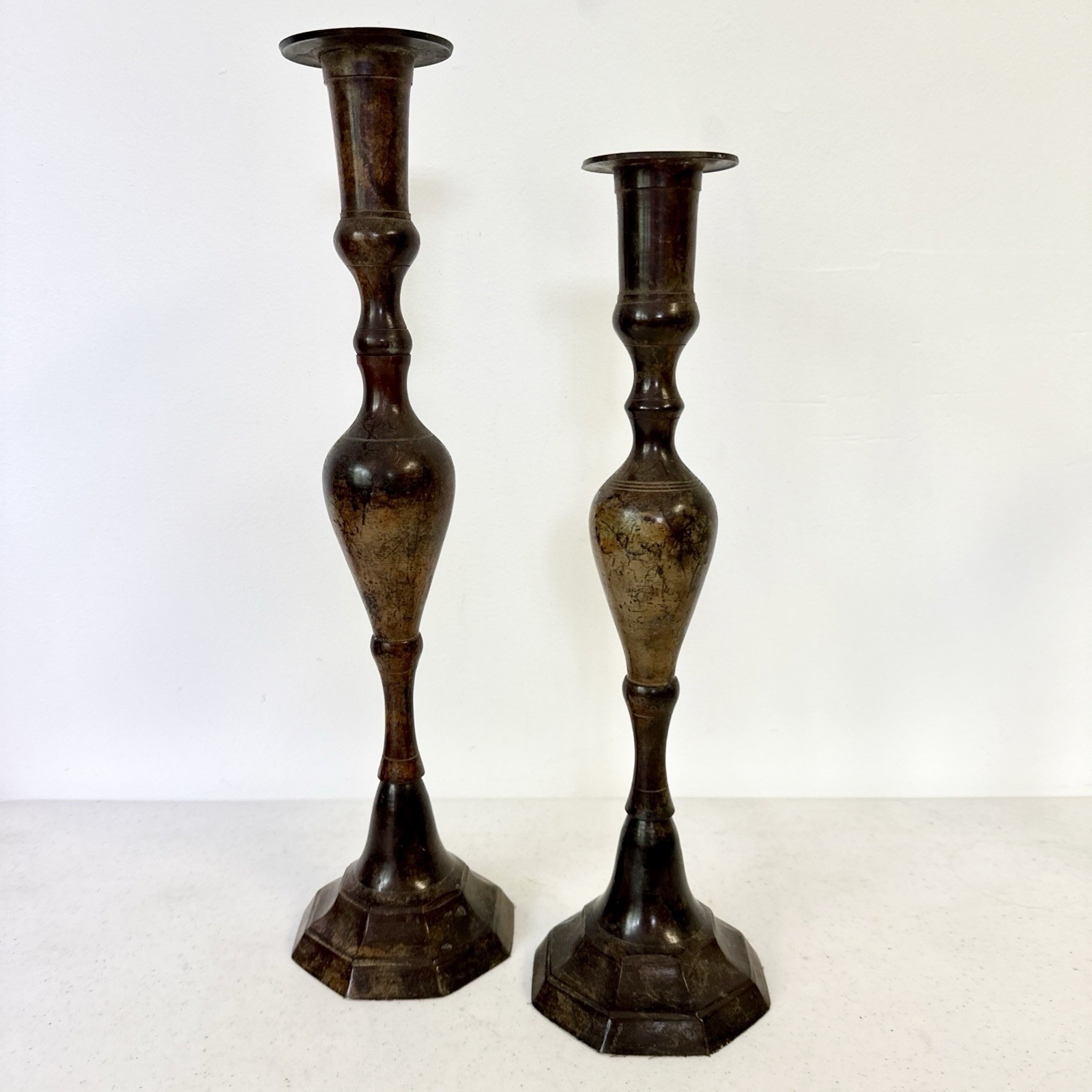 Vintage Pair Of Bronzite Candlestick Holders Enamel Painted 14\