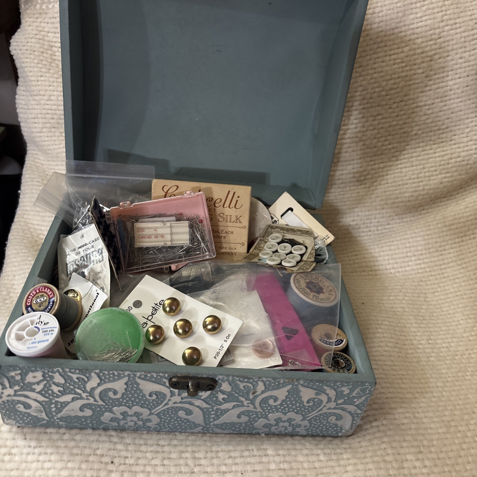 Vtg Lot Of Sewing Notions Buttons, Needles, Thread, Wood Spools In Beautiful Box