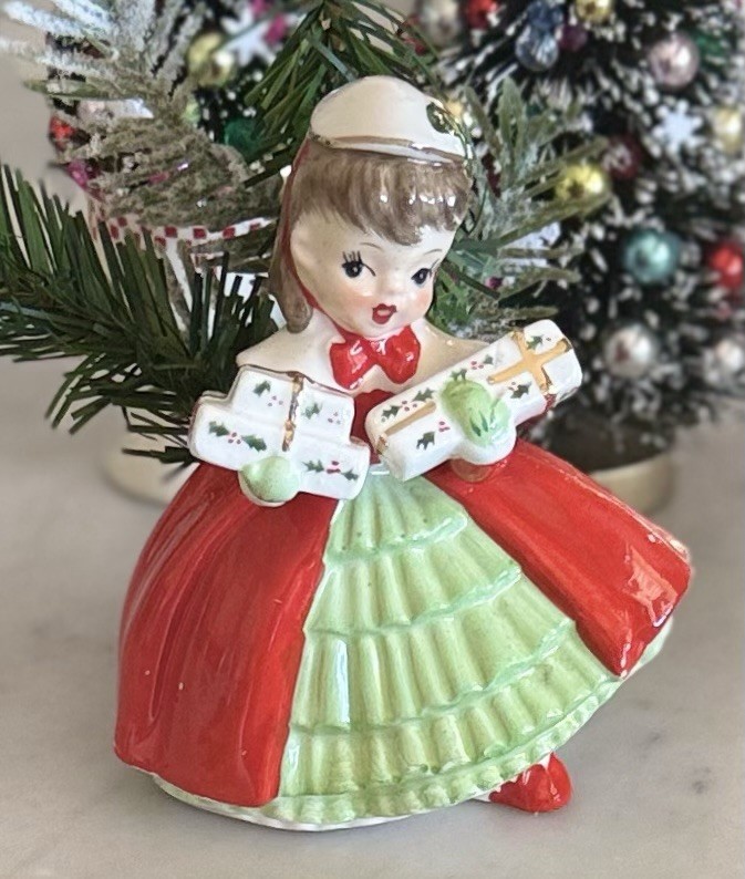 Vintage MCM 1956 Napco Christmas Shopper Girl w/ Gifts Planter Figurine
