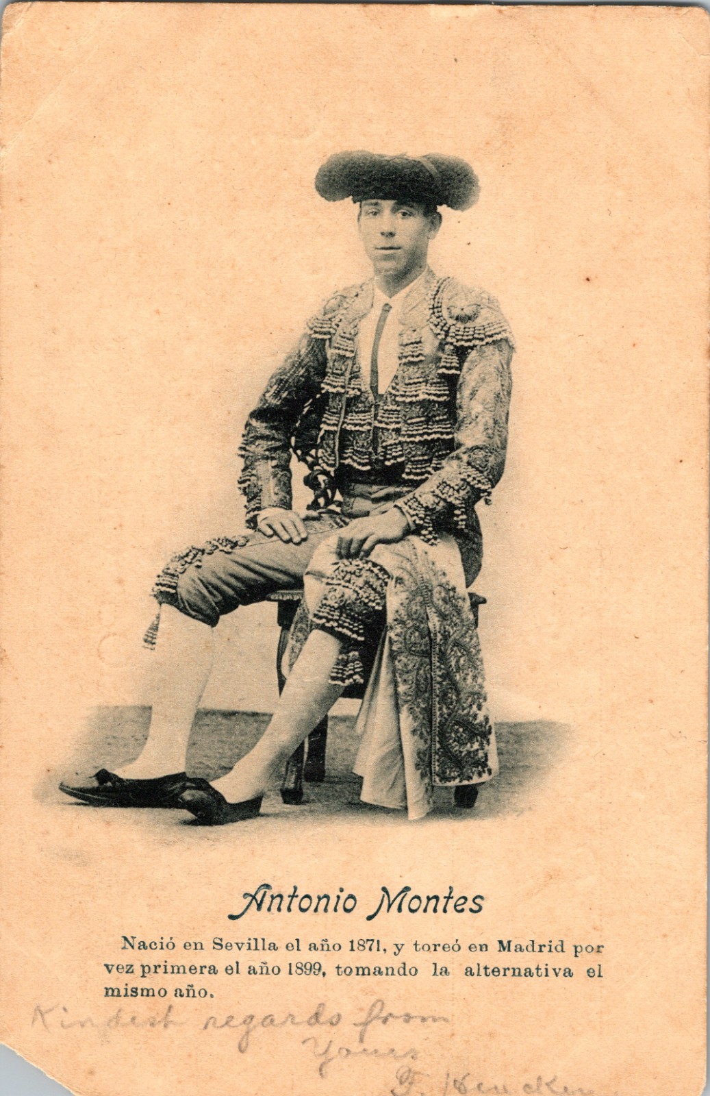 1904 Antonio Montes Spanish Bullfighter Seville Spain Postcard Geneva Damaged