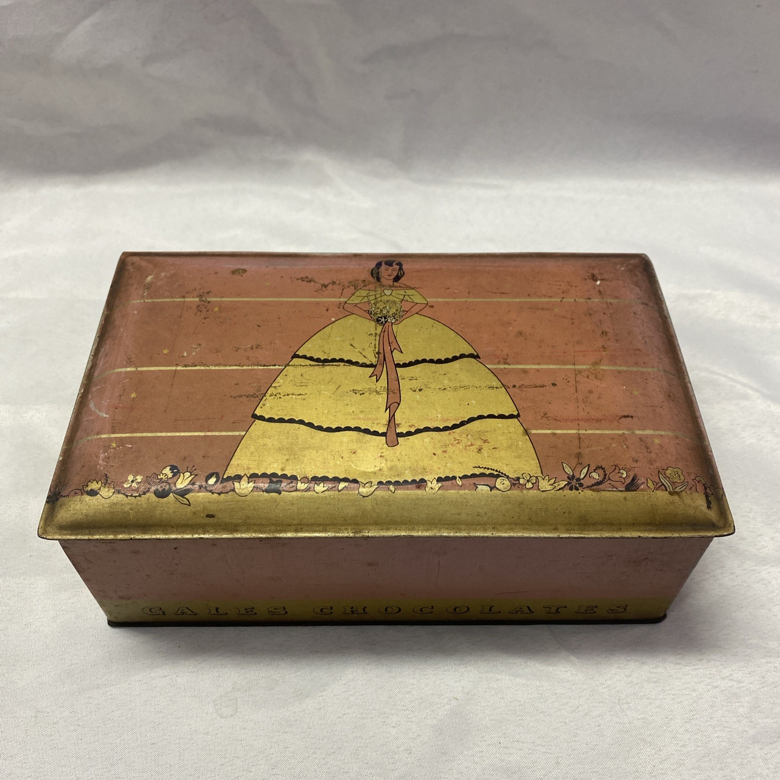 Vintage Gales Chocolate Co. Tin Circa 1960s Pink & Gold w/ Victorian Lady
