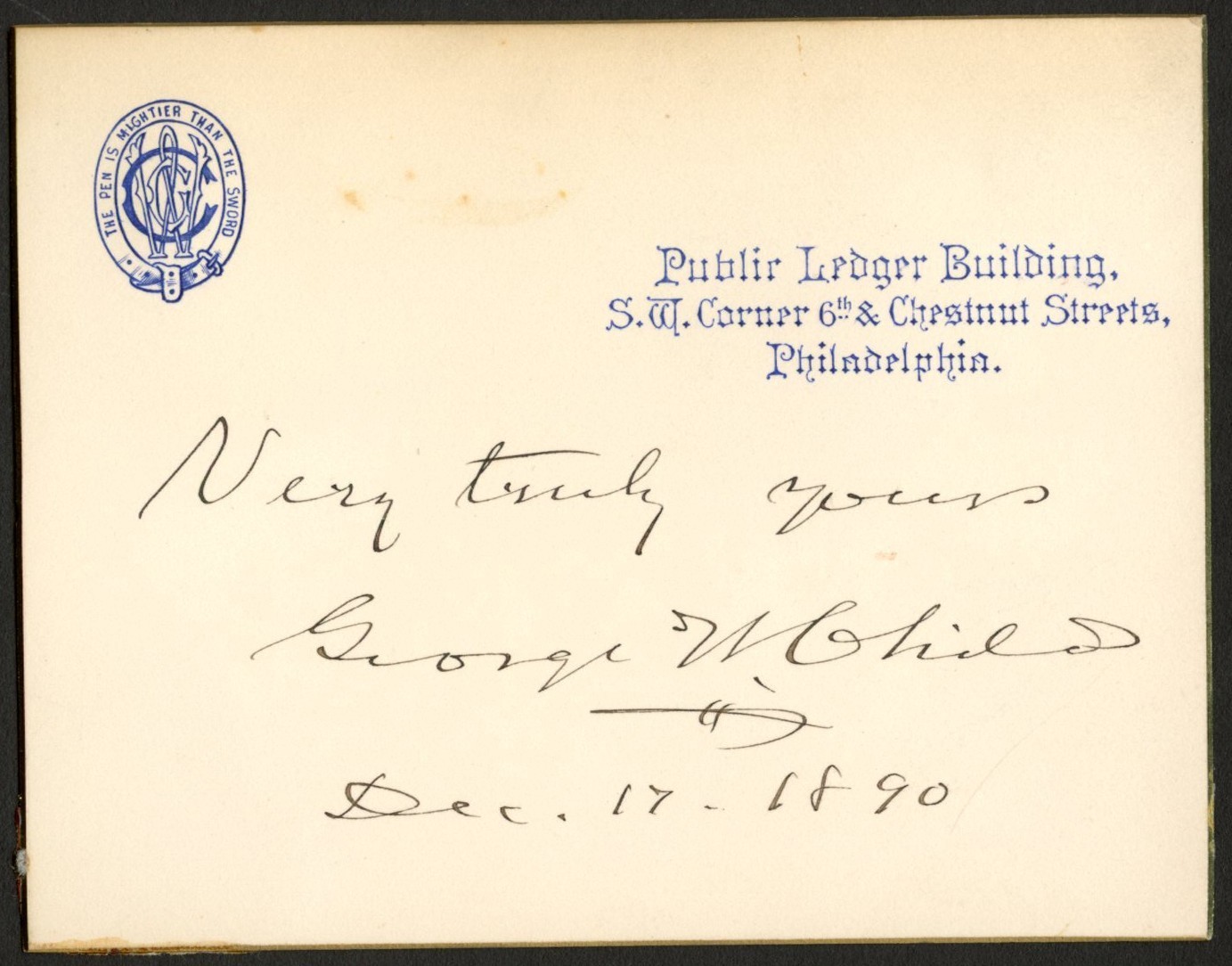 George William Childs d1894 signed autograph 3.5x4.5 cut Publisher ^