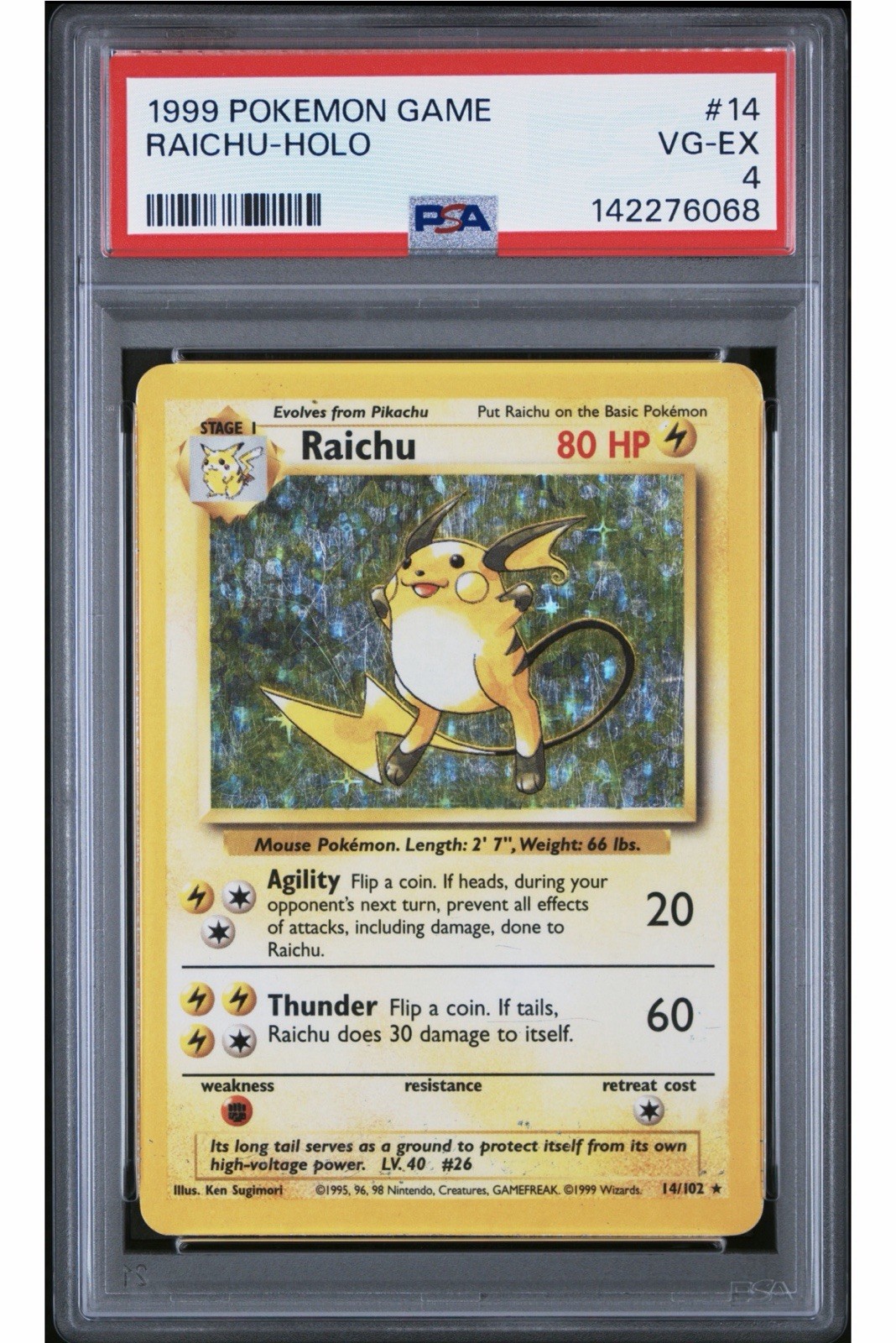 1999 WOTC Pokemon Base Set unlimited Raichu holo holofoil #14/102 PSA 4 