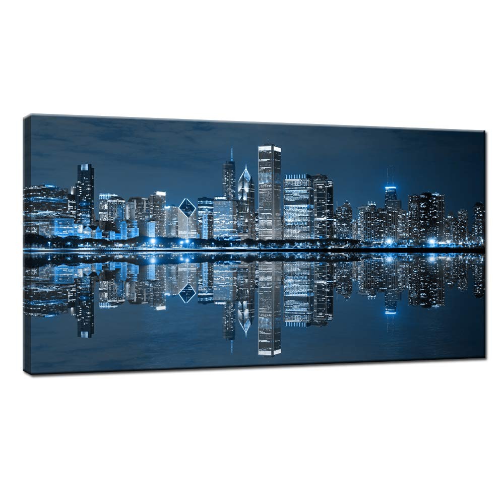 LevvArts L724 Chicago Downtown at Night Canvas Wall Art