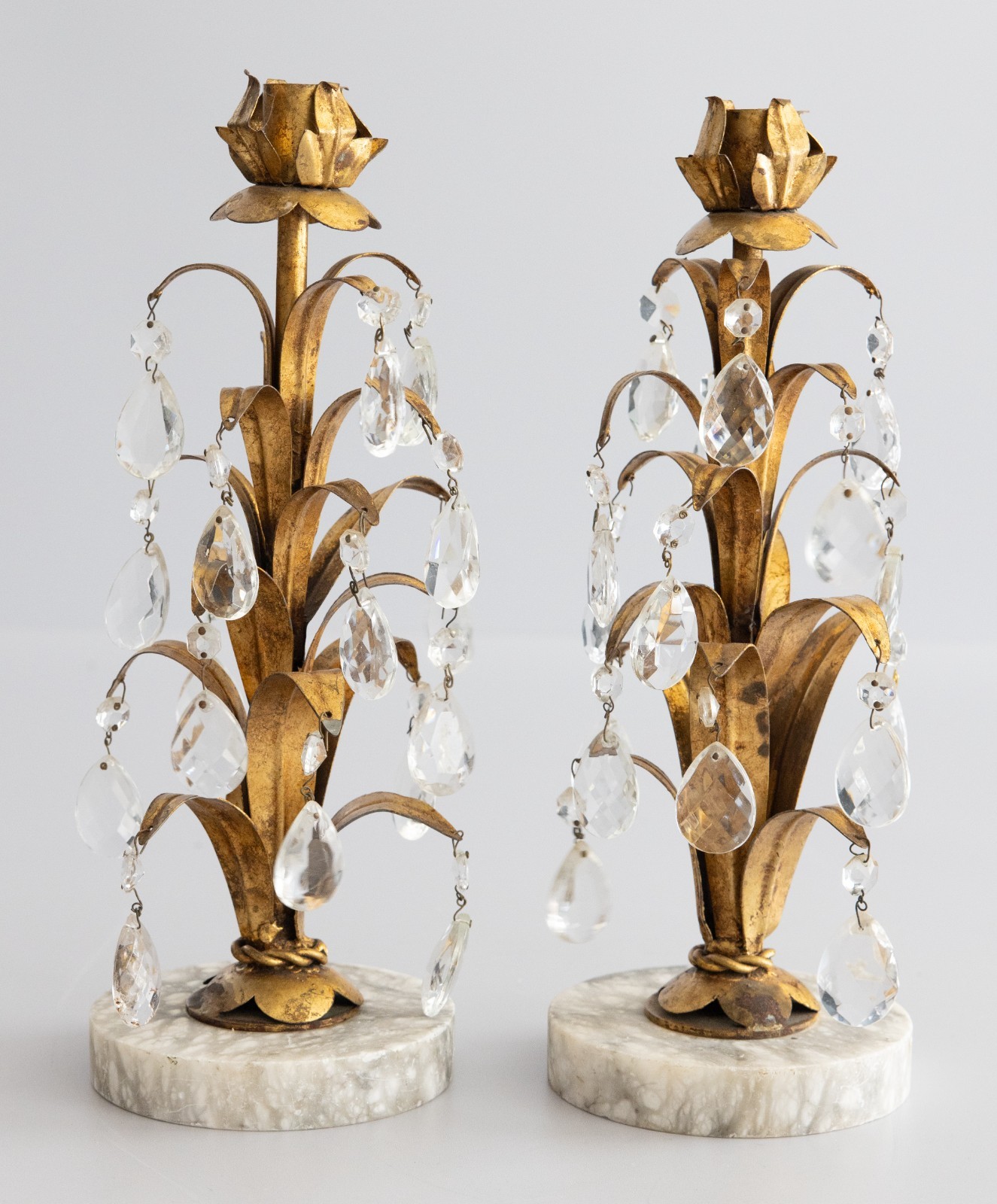 Pair Vintage Italian Gold Gilt Tole & Crystals Candlesticks Marble Bases 13.5\