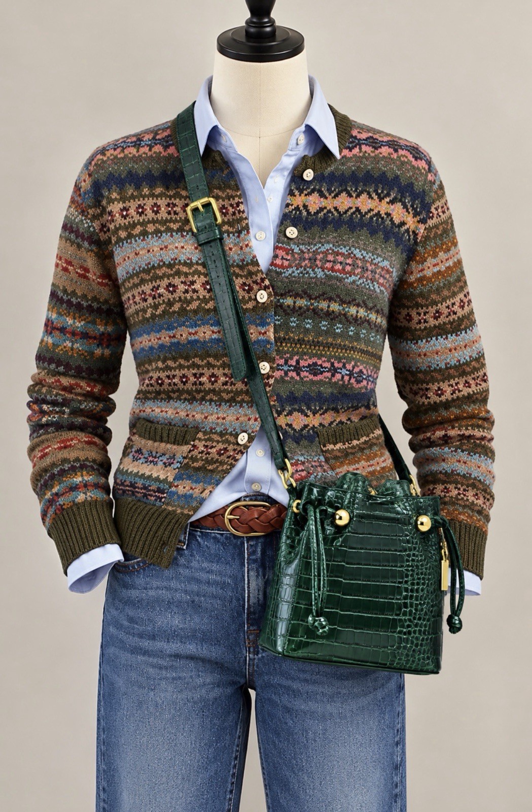 Vintage Bally Dark Green Crocodile-Embossed Leather Shoulder Bag