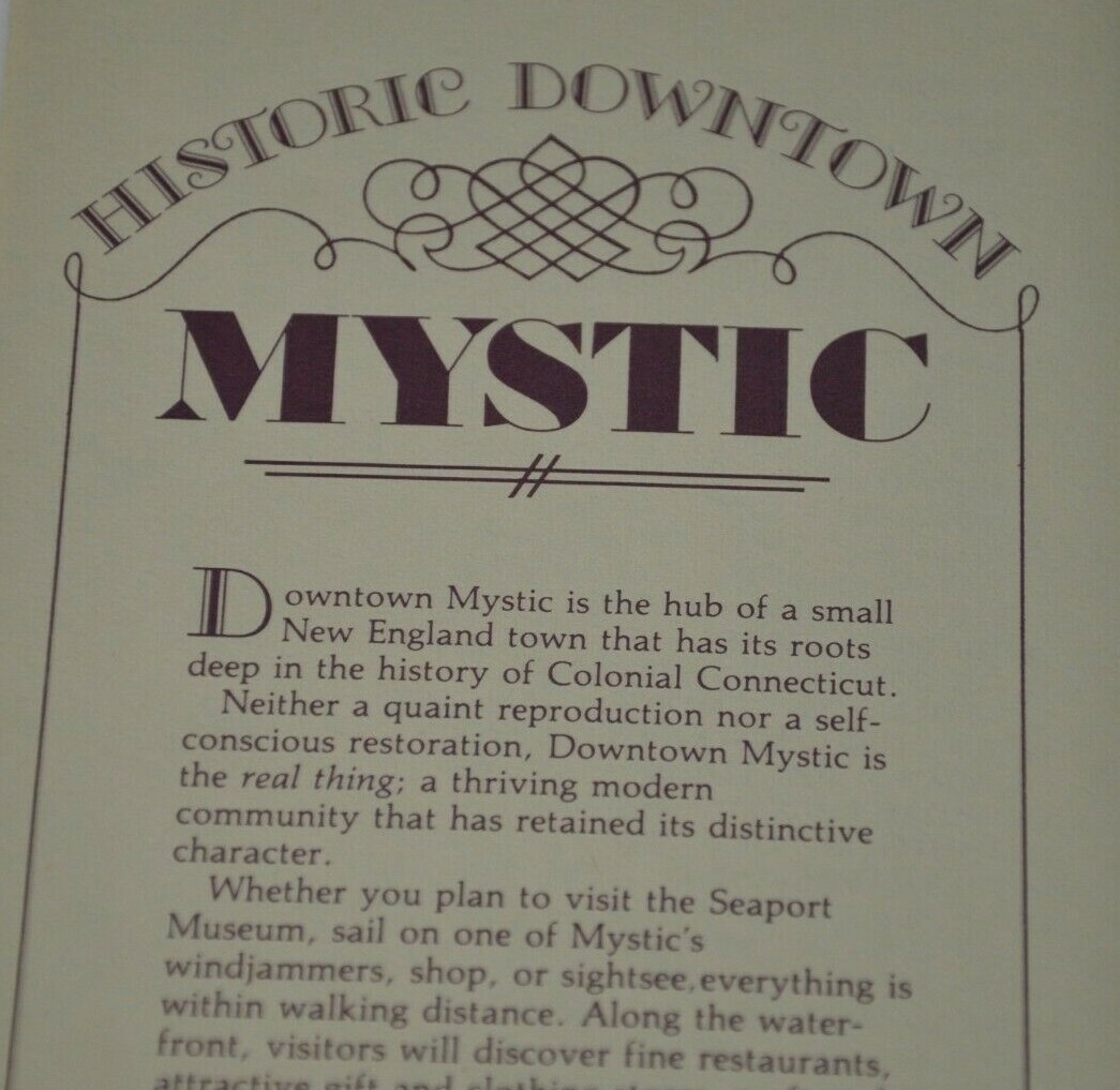 1980s Historic Downtown Mystic Connecticut Brochure w Map Shop Restaurant