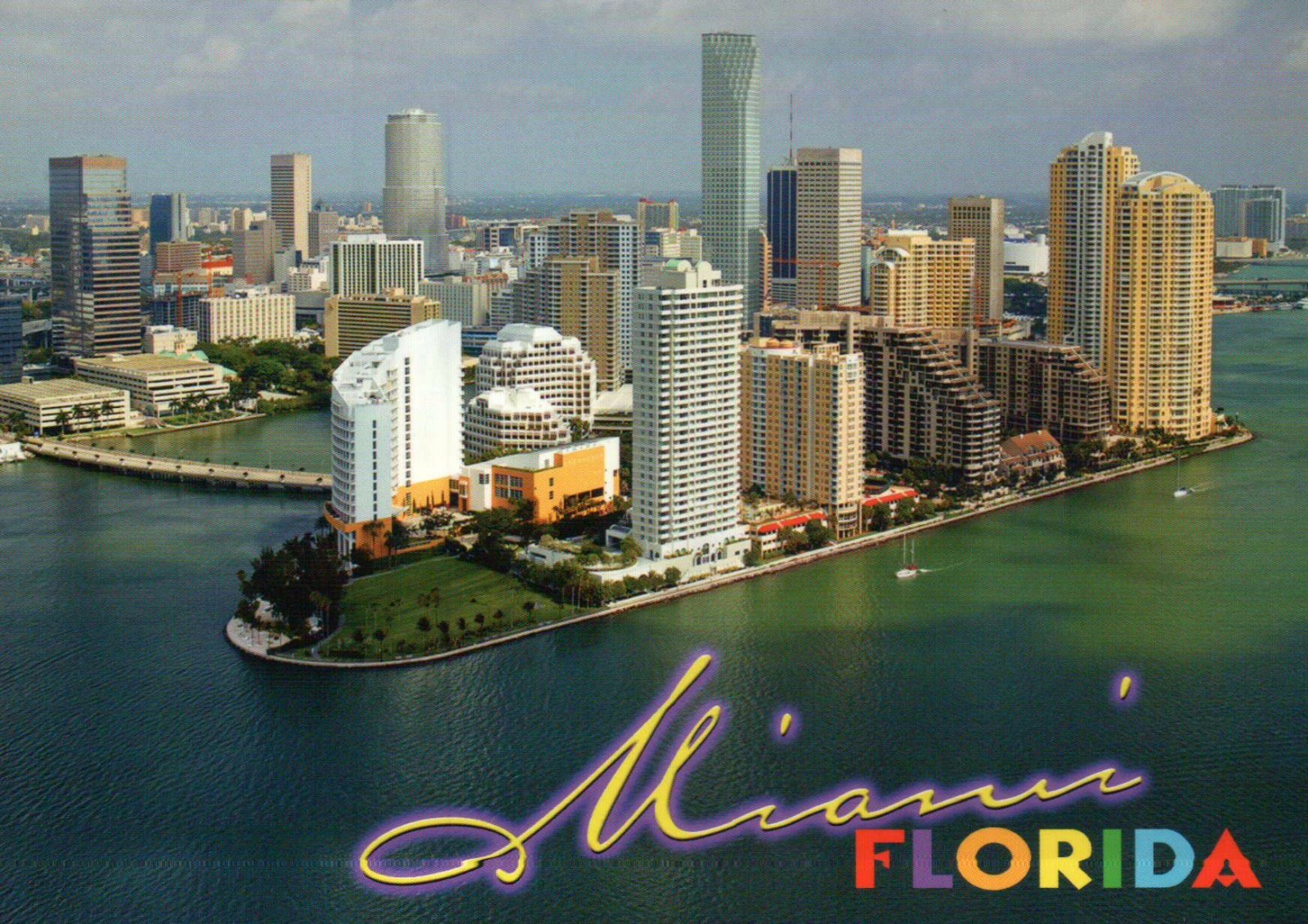 Aerial View of Miami Florida, Ocean, Buildings, Skyline, Bridge, FL --- Postcard