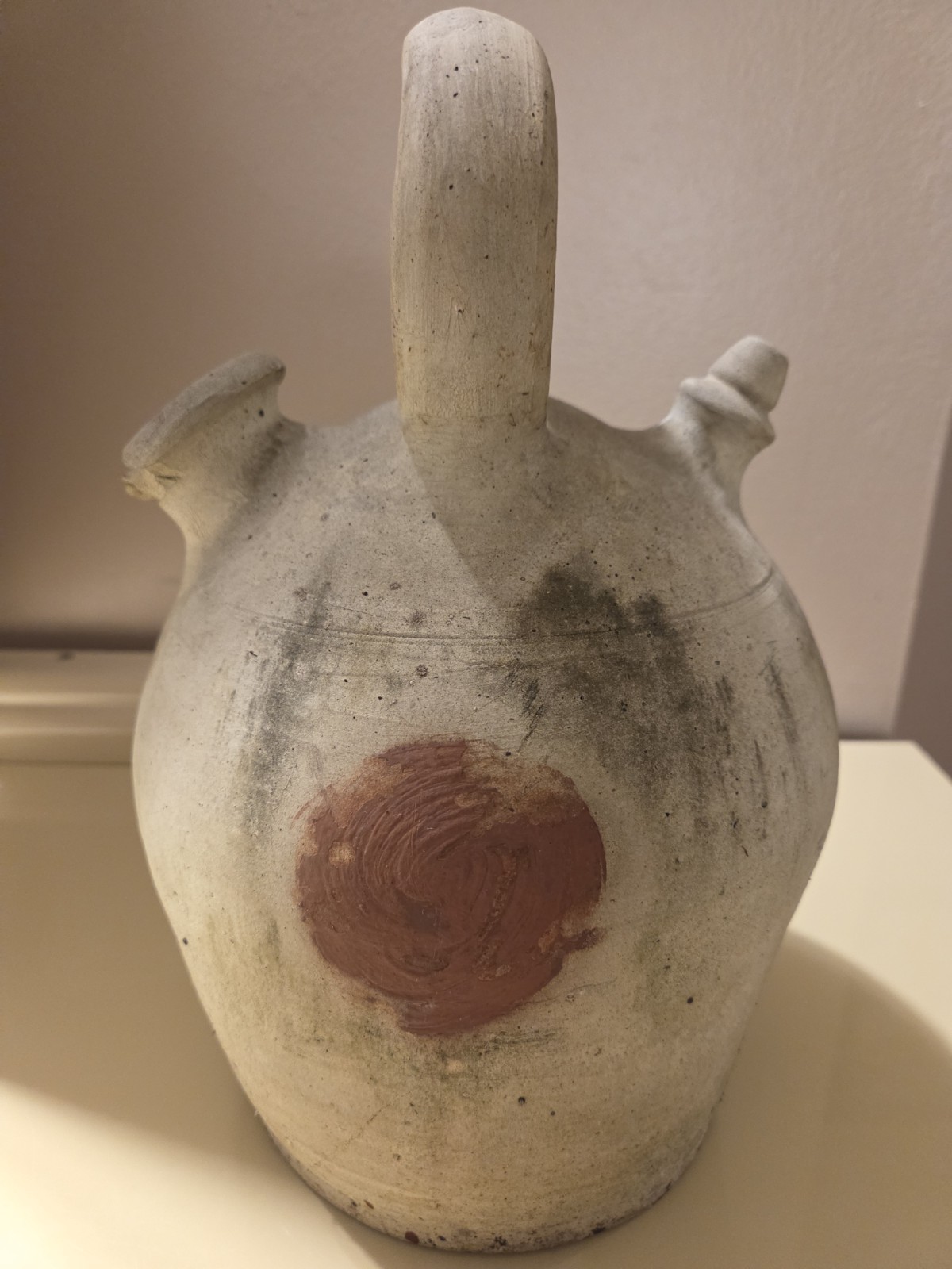 Antique 19th C Stoneware Pitcher Jug Primitive Folk Pottery 14”