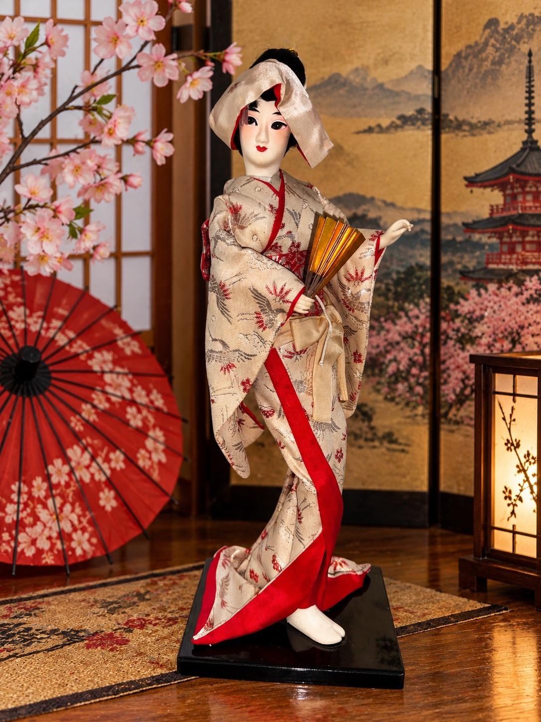 Vintage Japanese Geisha Doll 15” Kimono Folding Fan Traditional Japan Display Vintage Japanese Geisha Doll 15” Kimono Folding Fan Traditional Japan Display