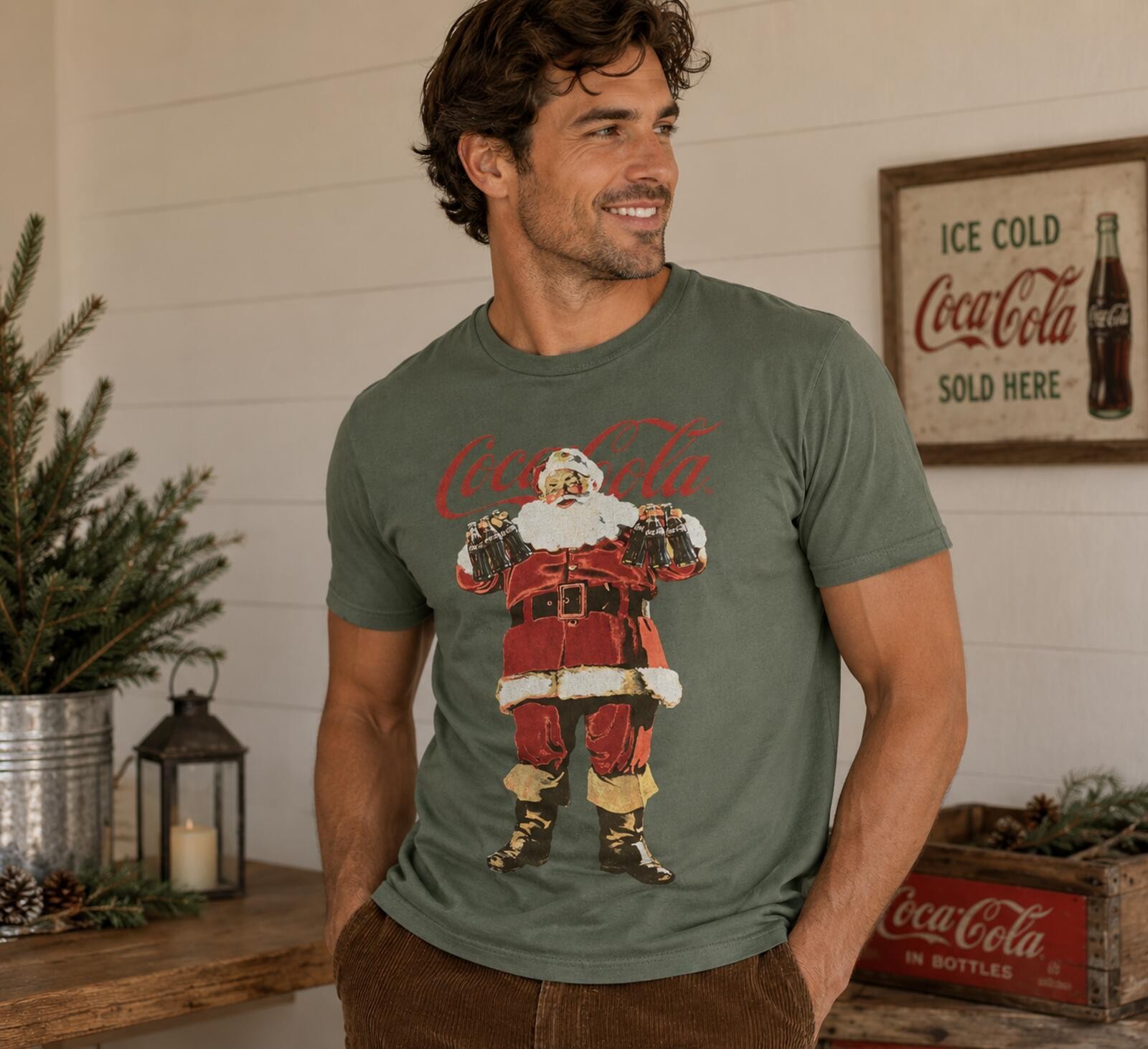 Lucky Brand Coca-Cola Santa Christmas Graphic Tee XXL Green Holiday Shirt