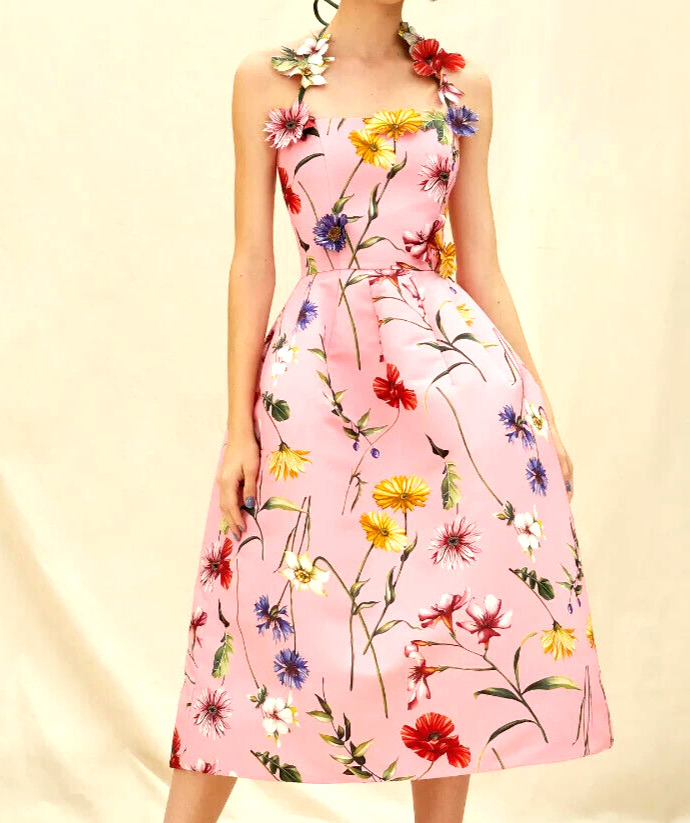 2021 $3,990 Oscar de la Renta Fiore Floral Applique Embroidered Halter Dress 6