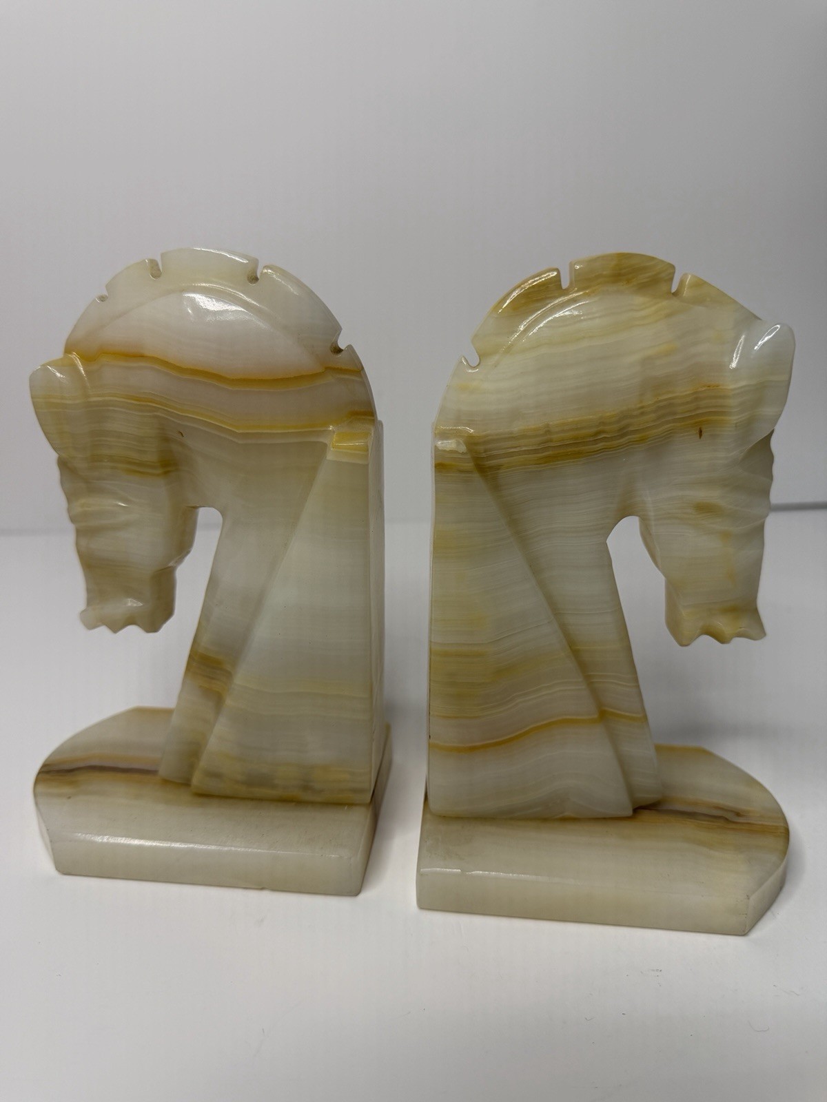 Vintage MCM Carved Onyx Marble Horse Head Bookends Heavy