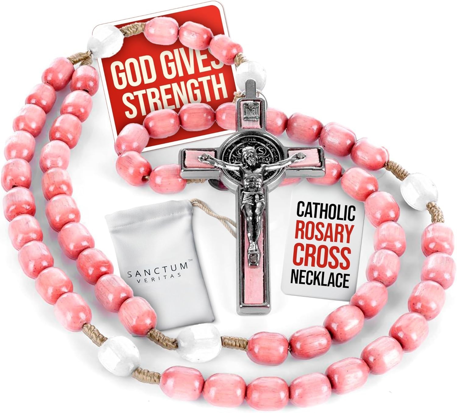 Catholic Rosary Necklace Wooden Beads God Gives Strength Pink White Silver