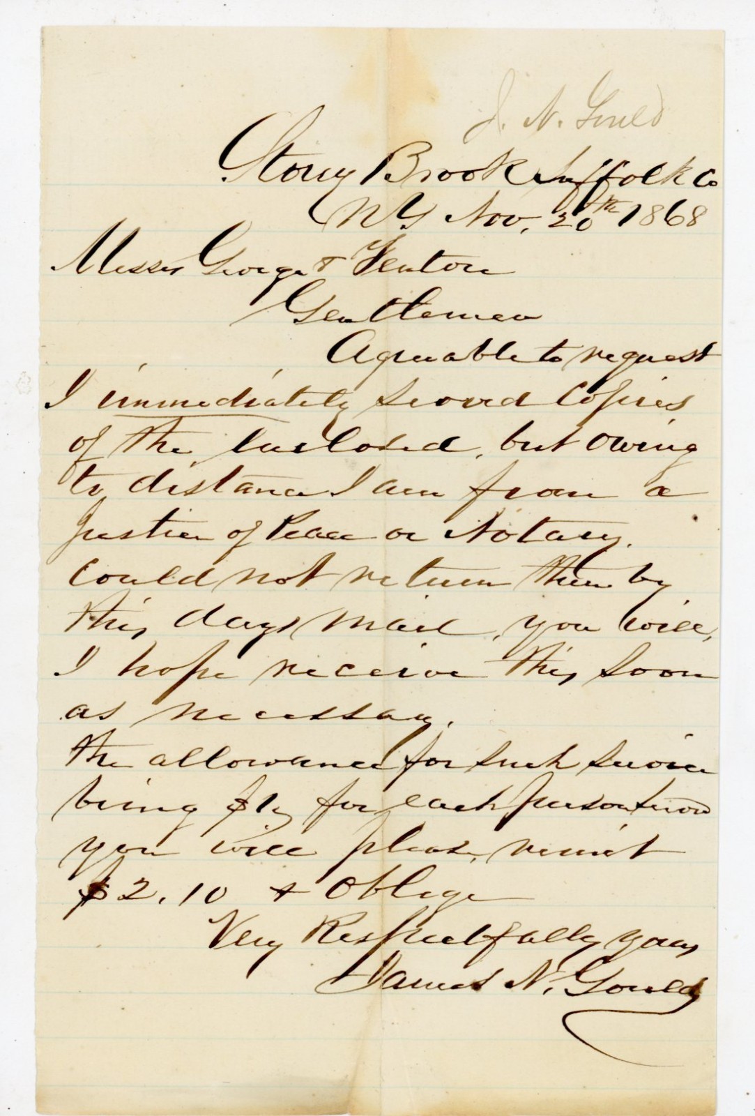 1868 Handwritten Letter Stony Brook Suffolk Co NY James N Gould Justice Peace No