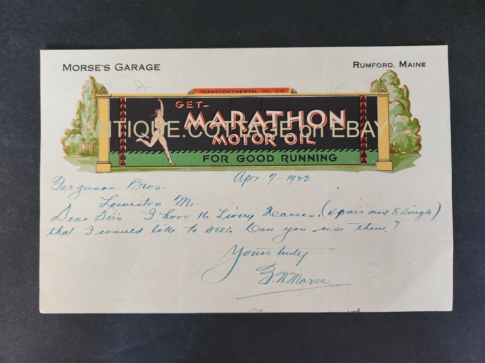 1923 antique MORSE\'S GARAGE rumford me LETTERHEAD ad MARATHON MOTOR OIL als