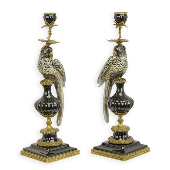 48 CM HUGE AIR OF BRONZE MOUNTED PORCELAIN PARROT CANDLE HOLDER NEW Candlesticks