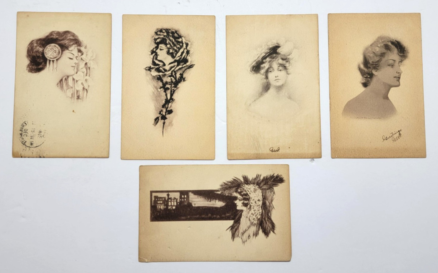 Edwardian Ladies Portrait Sepia Art Fashion Lot of 5 Antique 1907-1912 Postcards