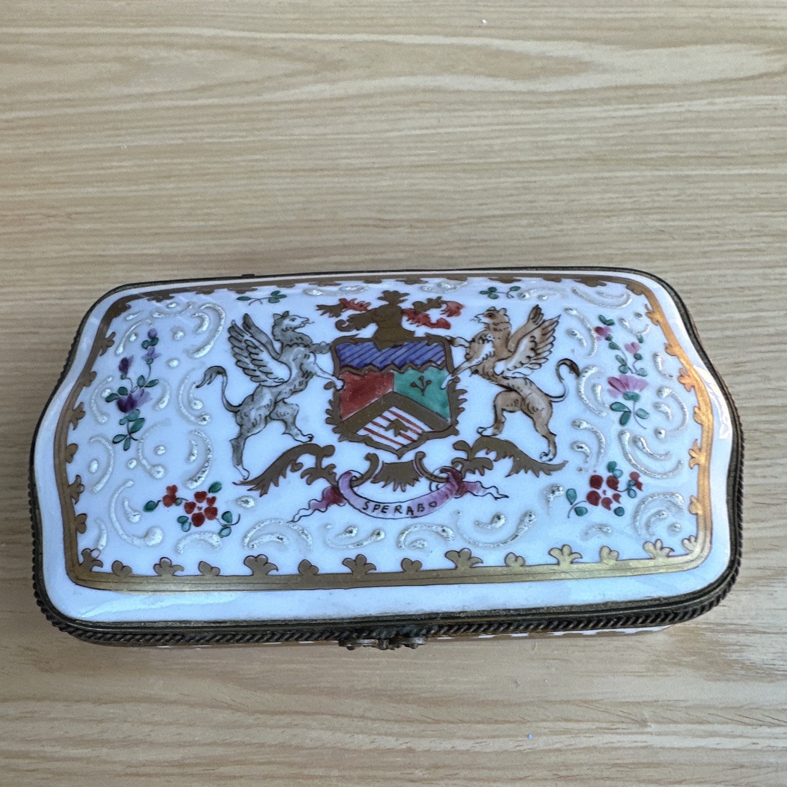Antique French Samson Armorial Porcelain Dresser Box Sperabo Crest Hand Painted