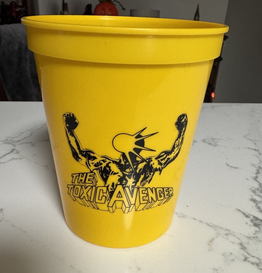 The Toxic Avenger Plastic Cup Troma Movie Film RARE Lloyd Kaufman Yellow EUC