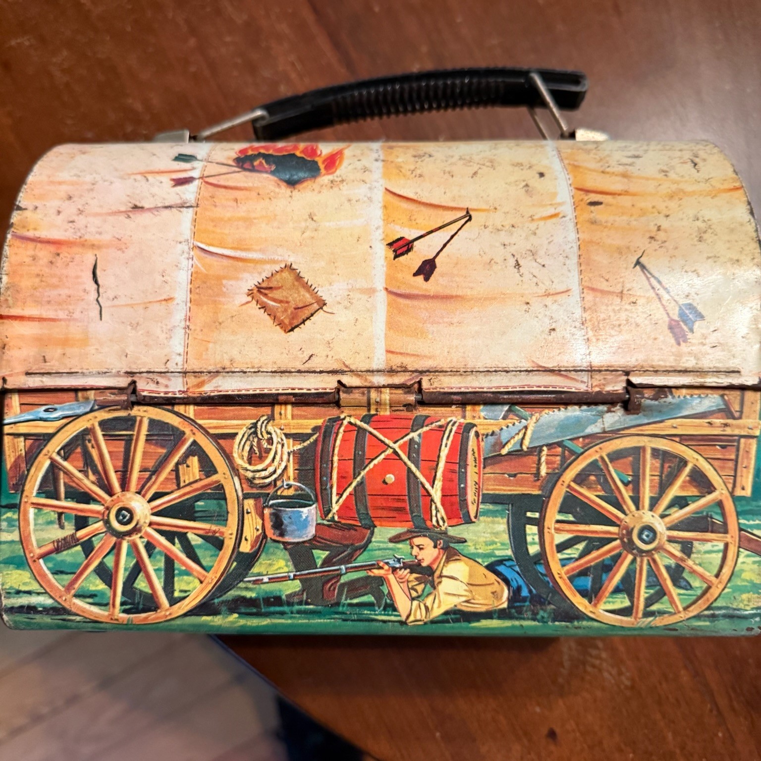 Vintage Aladdin Chuck Wagon Metal Lunch Box Western Cowboy Covered