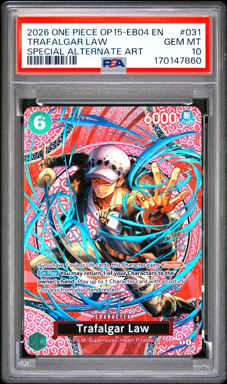 2026 ONE PIECE OP15-EB04-ADVENTURE ON KAMI\'S ISLAND #031 TRAFALGAR LAW PSA 10