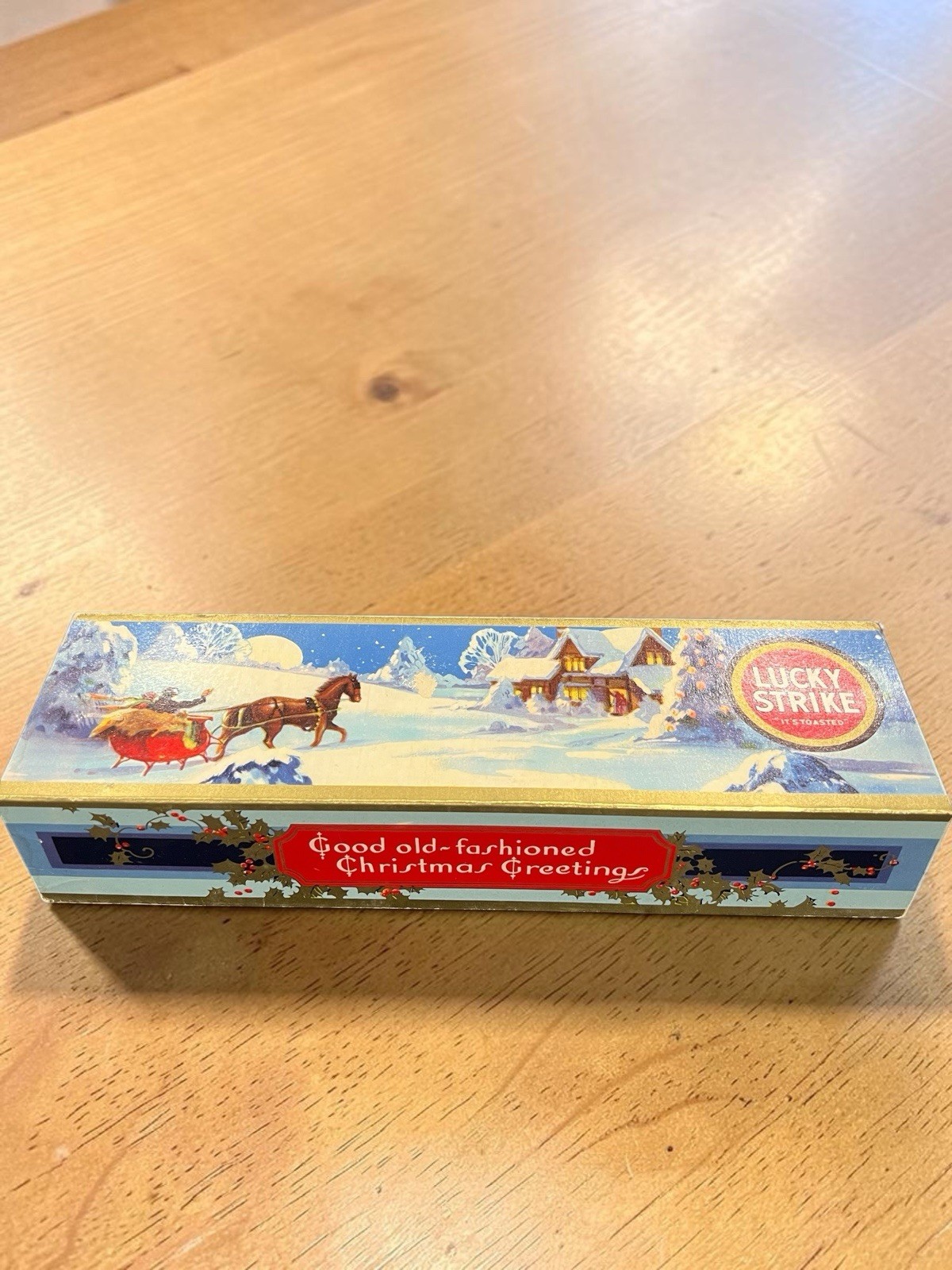 Vintage   Empty Lucky Strike Christmas Cigarette Carton Sleeve Winter Sleigh