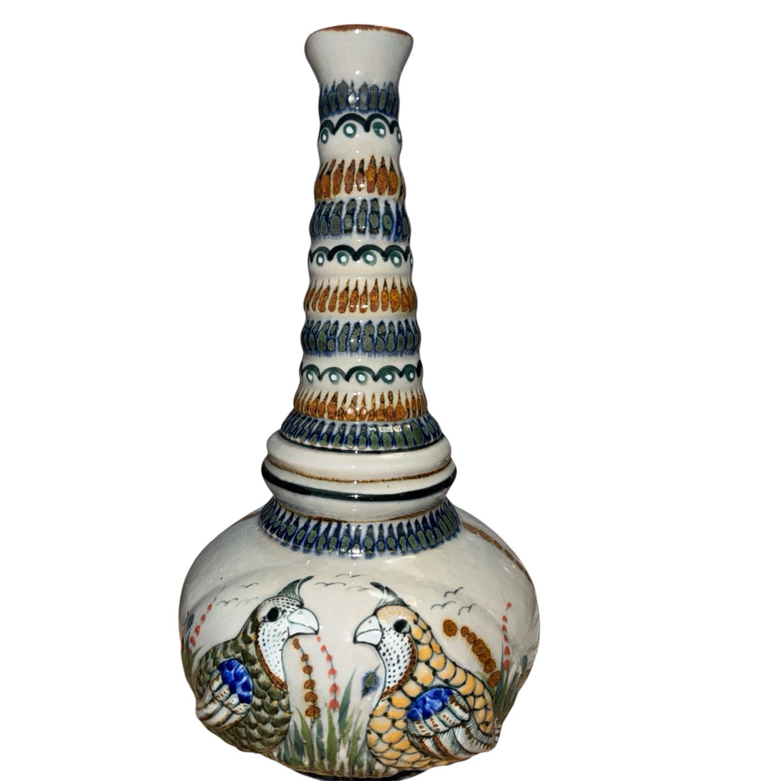 Vintage Erandi Tonalá Quail Art Pottery Vase handcrafted Mexico Signed 13” H