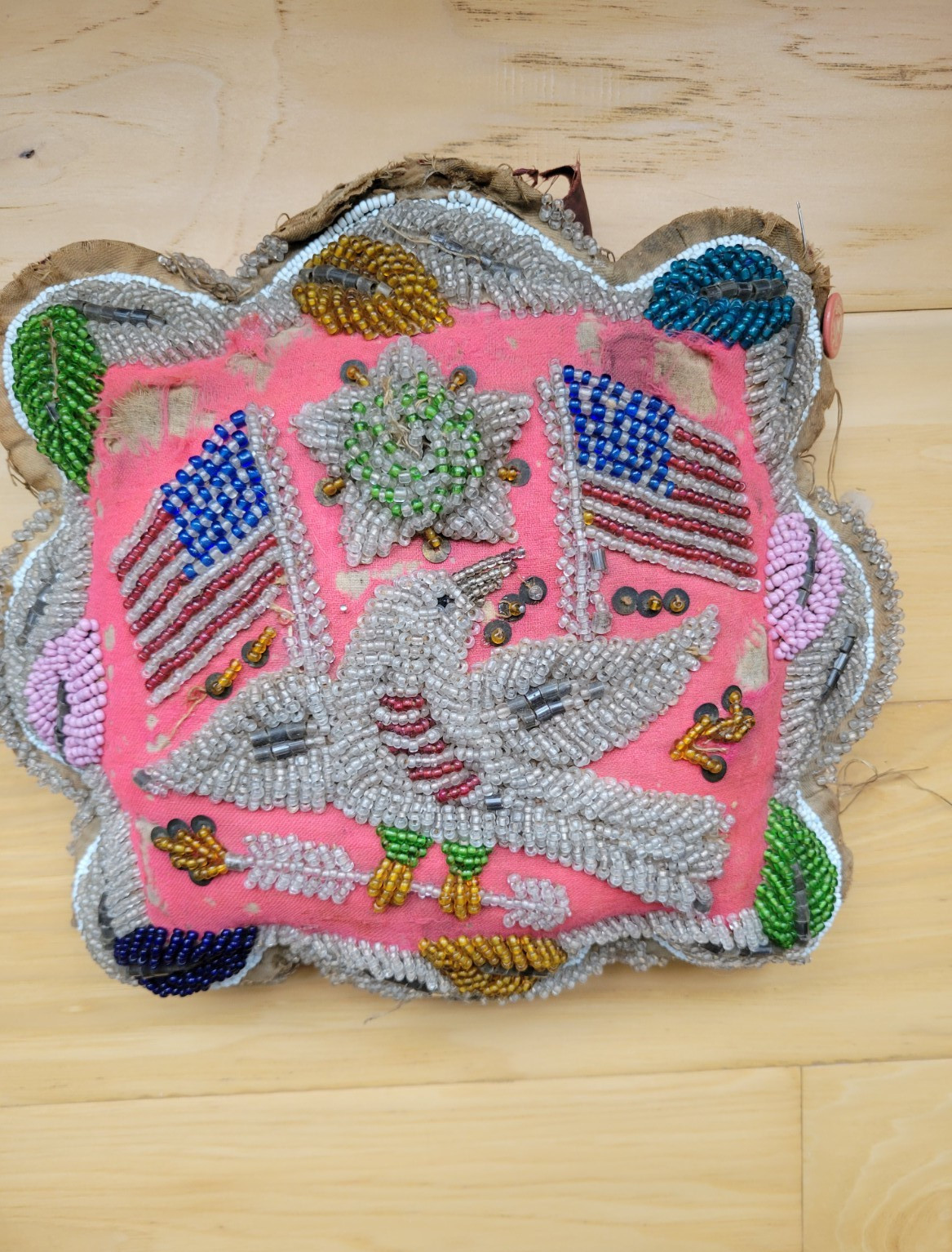 Antique Iroquois NATIVE AMERICAN BEADED PIN CUSHION Whimsy Eagle US Flags Framed